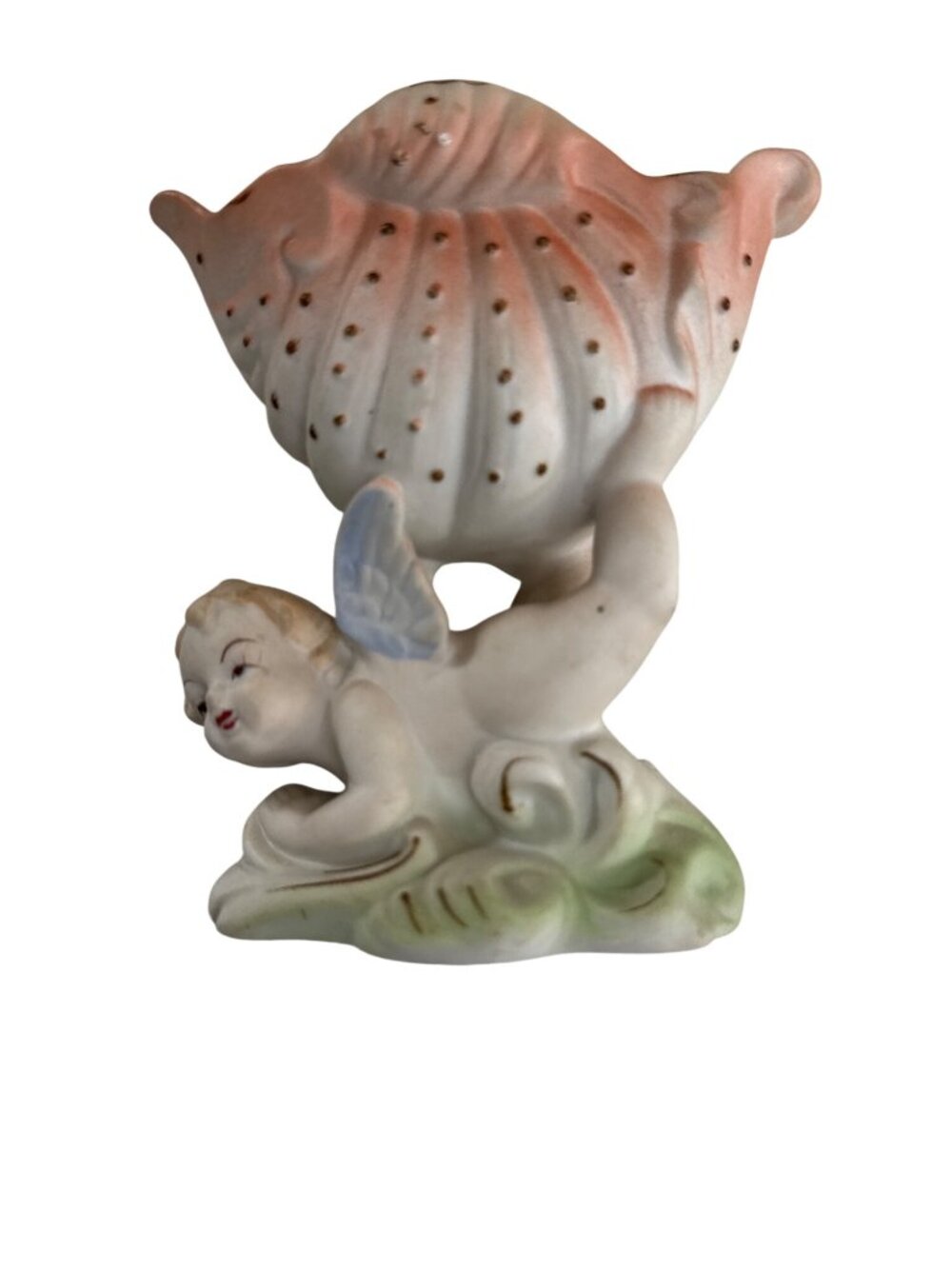 Vintage Occupied Japan Bisque Pink Winged Cherub Shell Planter Porcelain